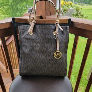 Michael Kors Brown Signature Coated Canvas and Leather Jet Set Tote